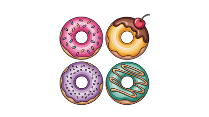 Four colorful donuts with different toppings and designs  
