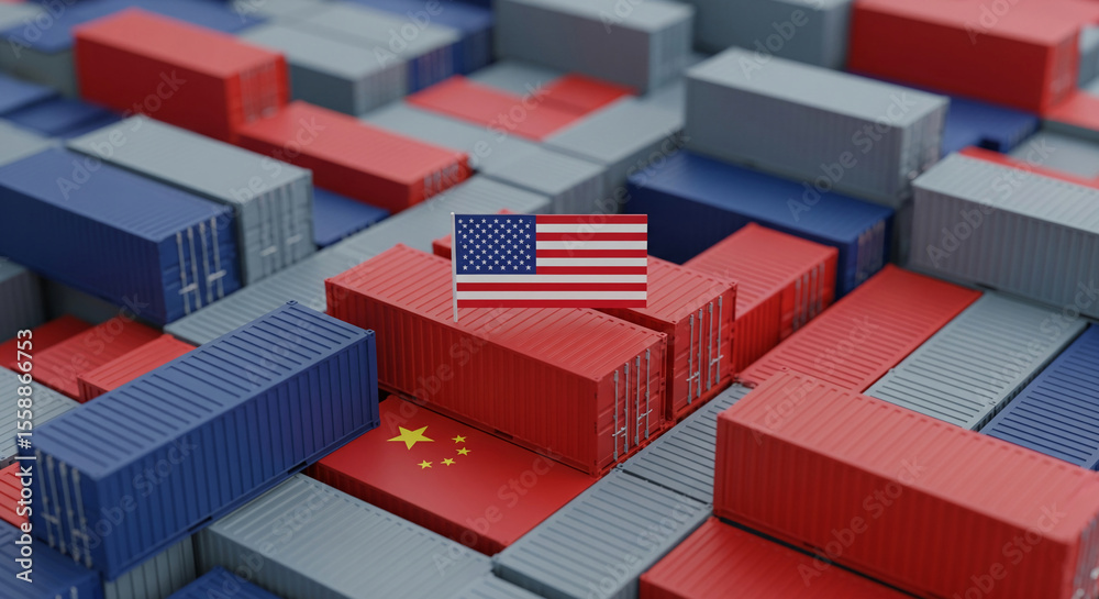Poster abstract image of red, blue, and gray shipping containers with us and chinese flags, showcasing inte