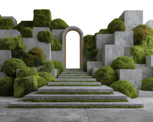 Serene steps through mossy archway in modern landscape design