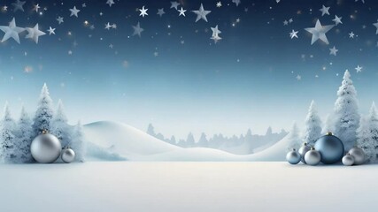 Christmas and New Year minimalist greeting card. Christmas fir trees in a snowy forest and blue glass ornament on a gradient navy blue and white background with copy space for text. - Powered by Adobe