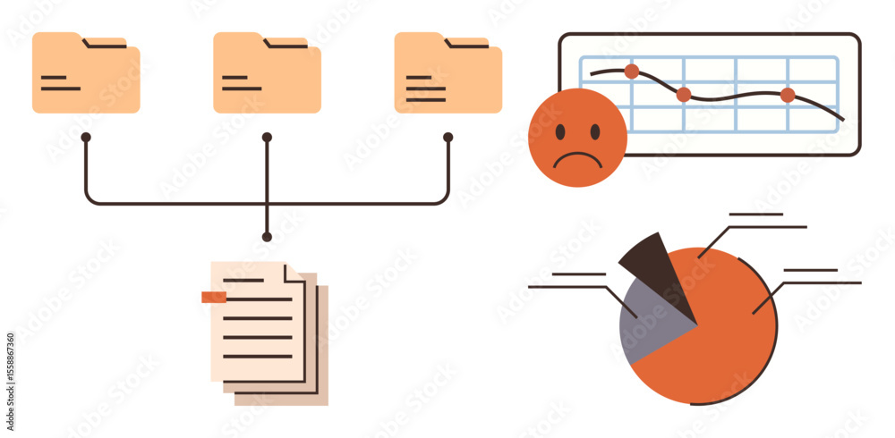 Poster three folders connect to documents, showcasing data organization. graph lines and pie charts display