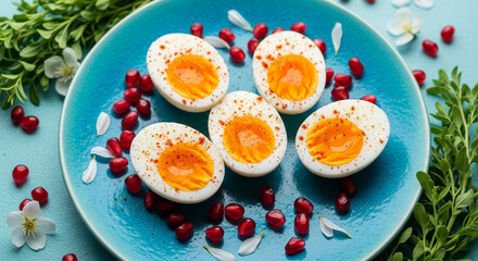 Four halved boiled eggs with yolk and seasoning, arranged on a blue plate with pomegranate seeds and flower petals, depicting a healthy and appetizing breakfast