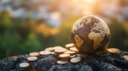A globe with coins on a rocky surface, set against a blurred background of greenery and a setting sun.