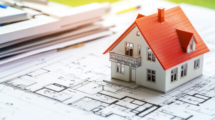 A miniature model house with a red roof and white walls, placed on a blueprint with architectural plans.