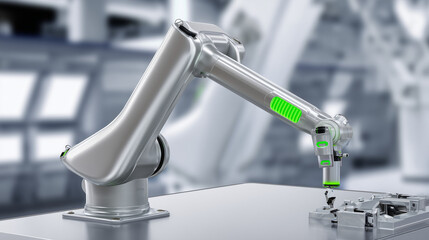 A sleek industrial robotic arm in a modern factory with green energy accents and partial assembly line