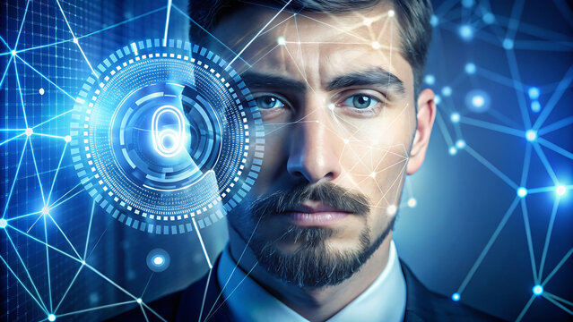 Man s face scanned by futuristic digital technology with a glowing lock icon