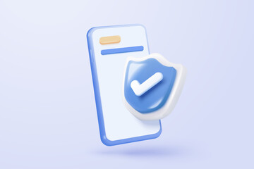 3D mobile phone with shield security icon for online shopping, online payment with protection. Application safety using a smartphone concept. 3d mobile phone safety vector icon render illustration