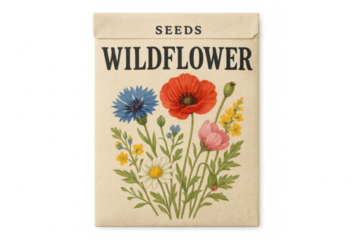 Vintage wildflower seed packet featuring colorful poppy, cornflower, daisy wildflowers against transparent backdrop