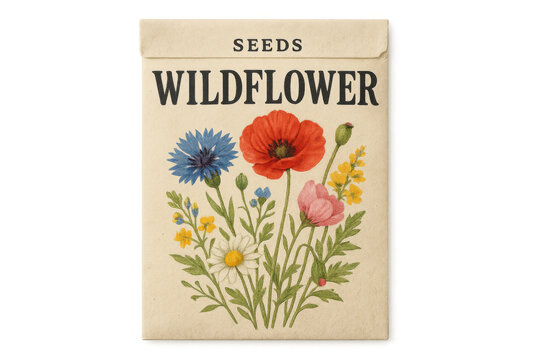 Vintage wildflower seed packet featuring colorful poppy, cornflower, daisy wildflowers against transparent backdrop