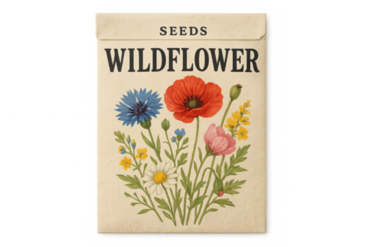 Vintage wildflower seed packet featuring colorful poppy, cornflower, daisy wildflowers against transparent backdrop
