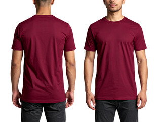Man Wearing Deep Maroon T-Shirt, Front and Back Mockup Views, Isolated on Transparent Background