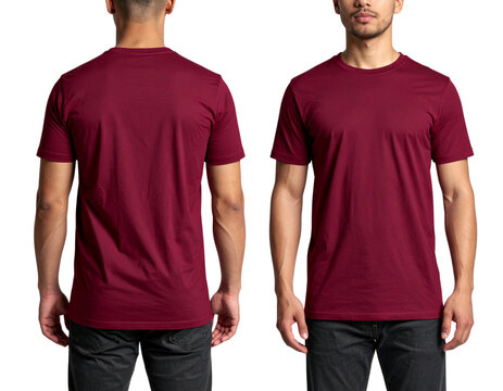 Man Wearing Deep Maroon T-Shirt, Front and Back Mockup Views, Isolated on Transparent Background