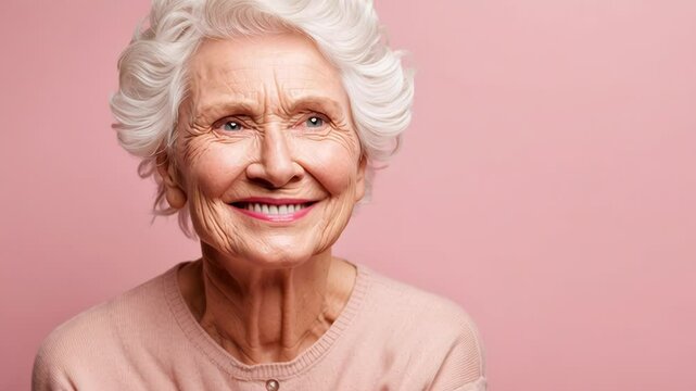 Smiling senior woman with white hair playfully covering one eye, standing against a soft pink background. Concept of aging gracefully, joy, confidence and positive lifestyle
