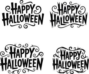 Four variations of Happy Halloween displayed in black and white featuring different font styles and decorative swirls perfect for spooky season designs and festive greetings