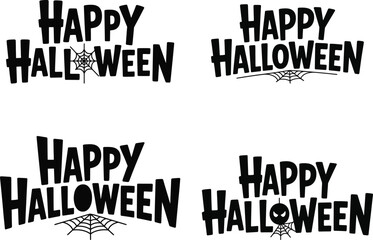 Four Black and White Happy Halloween Designs with Spiderwebs and a Pumpkin Perfect for Holiday Decorations Invitations or Spooky Themed Projects Isolated on a White