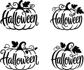 Four Halloween Pumpkin Designs with Calligraphic Text Spooky Season Decor Autumn Harvest Festival and Festive Typography for Invitations Crafts and Seasonal Celebrations Black and White