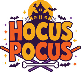 Whimsical Hocus Pocus Halloween Design Featuring a Haunted House Bats Stars Magic Wands and a Bone Perfect for Spooky Season Celebrations and Festive Decorations Colorful