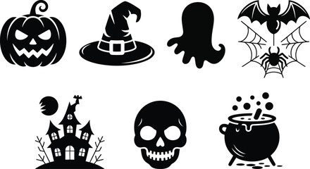 Black and White Halloween Icons A Spooky Collection of Classic Symbols Including a Pumpkin Witch Hat Ghost Bat Haunted House Skull and Boiling Cauldron collection