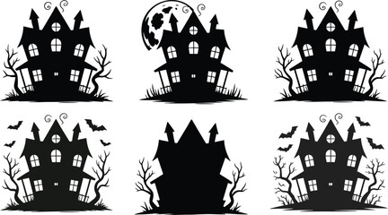 Spooky Halloween Silhouettes A Collection of Haunted Houses Bats and a Full Moon Perfect for Holiday Decorations Invitations and Creepy Designs all in Black and