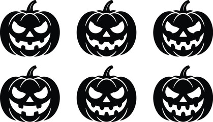 Six Spooky Jack O Lanterns in Silhouette Perfect for Halloween Decorations Invitations and Festive Designs with Classic Carved Faces and a Bold Black and White