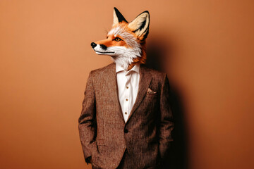 Surreal portrait of an anthropomorphic fox wearing a suit and tie, embodying the concept of a cunning and sophisticated businessman