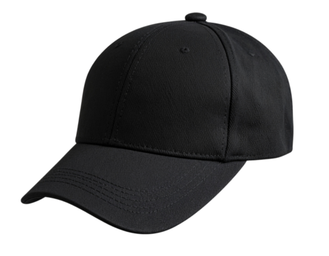 Floating Black Baseball Cap in 3D Perspective, Angled Top View, Transparent Background