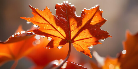 Red Maple Leaf in Sunlight with Blurred Background


