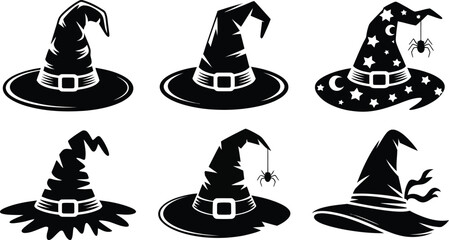 Collection of Six Witch Hats in Black Silhouette Featuring Various Designs Including Stars Moons Spiders and Classic Styles Perfect for Halloween Decorations or Themed Designs