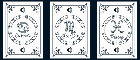 Hand drawn set of zodiac cards with Cancer, Scorpio, and Pisces symbols in elegant line style. Represents astrology, mysticism, and water sign spirituality concept