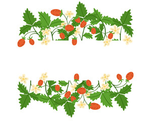 Wild strawberry border design with red berries, green leaves, and white flowers in flat style illustration. Represents nature, freshness, and organic summer concept