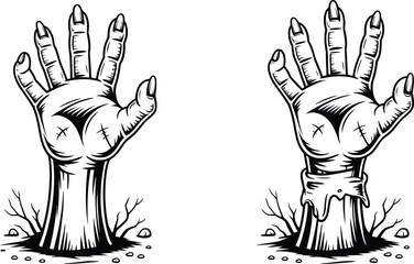 Monochrome Illustration Featuring Two Zombie Hands Emerging From the Ground Perfect for Halloween Designs Horror Themes or Spooky Graphic Elements with a Classic Bold and