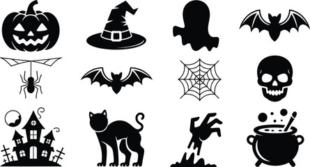 A Collection of Halloween Icons in Black and White Featuring a Pumpkin Witch Hat Ghost Bat Spider Skull Cauldron Haunted House Black Cat and Zombie