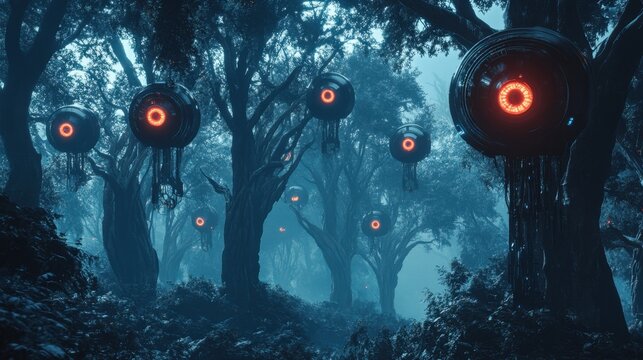 Mysterious Orb Surveillance: A captivating visual of advanced technological orbs with glowing eye-like features, hovering amidst a mystical forest setting, hinting at surveillance and the unknown.
