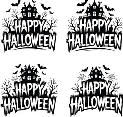 Collection of Happy Halloween vector designs featuring spooky houses bats trees and tombstones in a black and white graphic style perfect for holiday decorations and