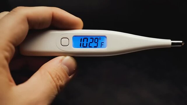 A hand holds a digital thermometer displaying a high fever on a black background