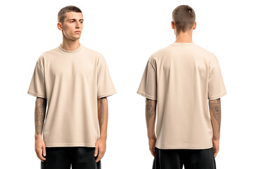mockup of a beige oversized t-shirt with short sleeves, worn by a man from the back and front view isolated on a transparent background