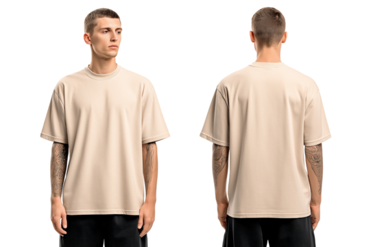 mockup of a beige oversized t-shirt with short sleeves, worn by a man from the back and front view isolated on a transparent background