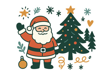 Joyful Santa Claus waving next to a decorated Christmas tree in a festive winter setting