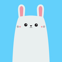 White Kawaii rabbit bunny hare face. Cute funny animal. Happy Easter. Cartoon funny baby character. Kids print for poster, tshirt cloth. Simple childish style. Flat design. Blue background. Vector