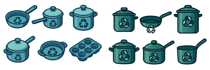 Recyclable kitchenware collection featuring pots and pans with eco-friendly symbols and designs