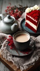 Fototapeta premium Red velvet cake with hot chocolate drink for Valentine's day holiday. toning 