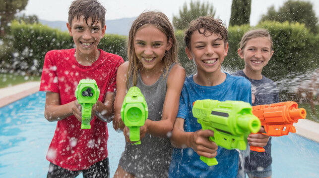 a group of kids holding water guns in a pool of water with water splashing all around them and smiling - Powered by Adobe