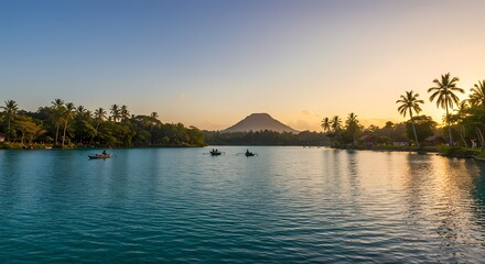 Serene Sunset over Volcanic Lake with Palm Trees and Boats