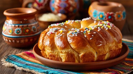 Traditional Kings day cake also called Rosca de Reyes, roscon, Epiphany Cake and with a clay Jarrito. Mexican tradition on January 5th 