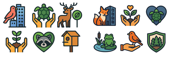 Icons representing nature conservation, wildlife protection, and urban greenery designed for environmental awareness campaigns
