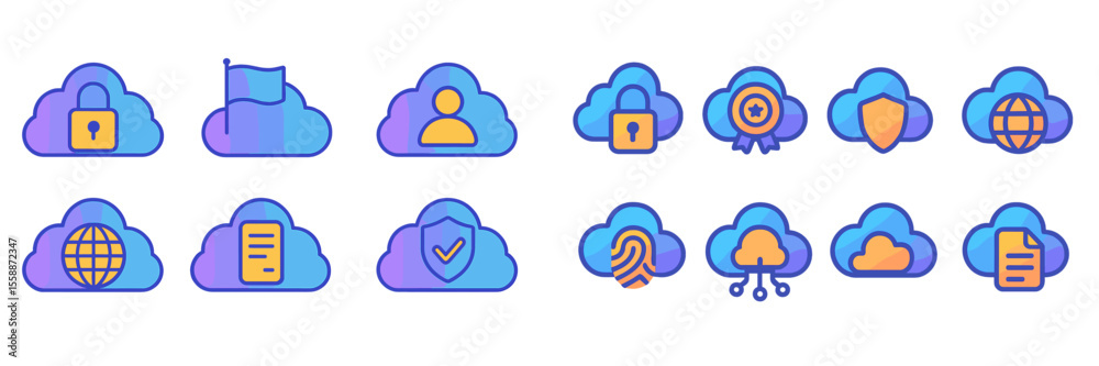 Poster collection of cloud-based security icons illustrating various digital protection concepts and user i