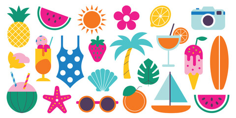 Summer icons set, featuring holiday beach elements like boat, surfboard, watermelon, lemon, seashell, camera, and palm tree in minimalist geometric flat vector style
