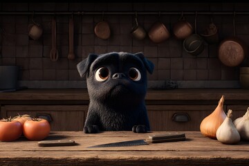 A black pug with wide, pleading eyes stands on hind legs at a kitchen counter, symbolizing pet curiosity, forbidden snacks, and humorous animal antics.