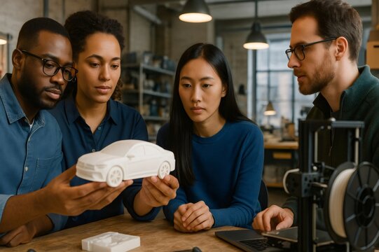 Multi ethnic design team collaborating in a workshop, analyzing and discussing a newly printed car prototype from a 3D printer