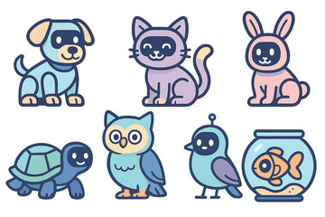 Cute cartoon animals including a dog, cat, rabbit, turtle, owl, bird, and fish in a fishbowl are happily illustrated in vibrant colors